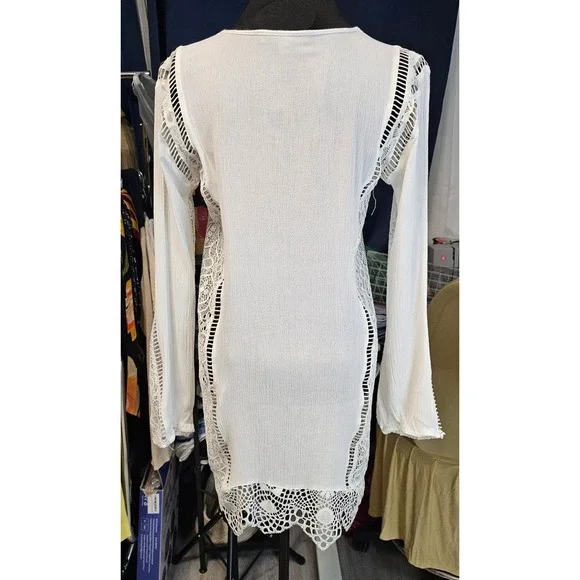 For Love & Lemons White Crochet Lace Boho Mini Dress Coverup XS Long Sleeve